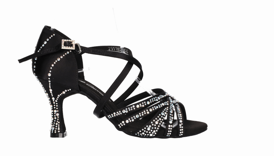 Chaussure de danse de salon noire ornée de multiples strass en cristal sur l'empeigne et le talon