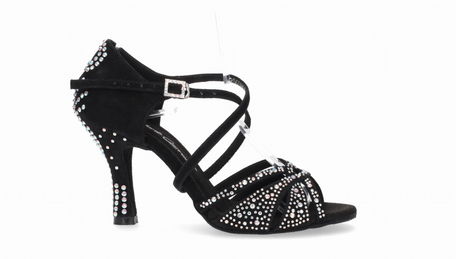 Zapato para baile de salón de ante negro con múltiple pedrería de cristal