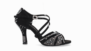 Zapato para baile de salón de ante negro con múltiple pedrería de cristal