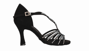 Zapato para baile de salón de ante negro con pedrería de cristal en tiras y empeine