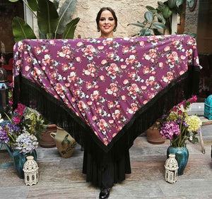 Mantón En Pico Morado de Doble Tejido Estampado de Flores con Flecos Negros