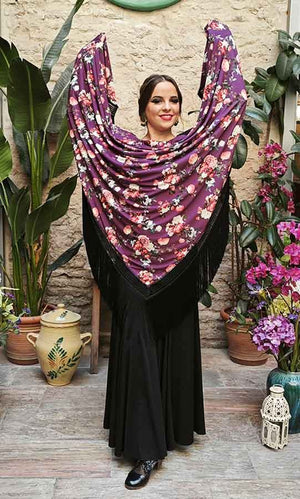 Mantón En Pico Morado de Doble Tejido Estampado de Flores con Flecos Negros