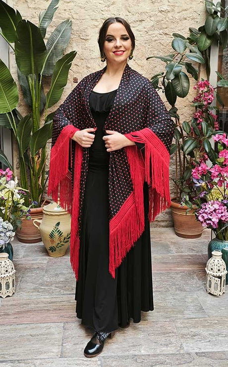 Châle Black Peak à pois rouges et franges rouges, double tissage