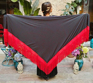 Mantón En Pico Negro Lunares Rojos Con Flecos Rojos Doble Tejido