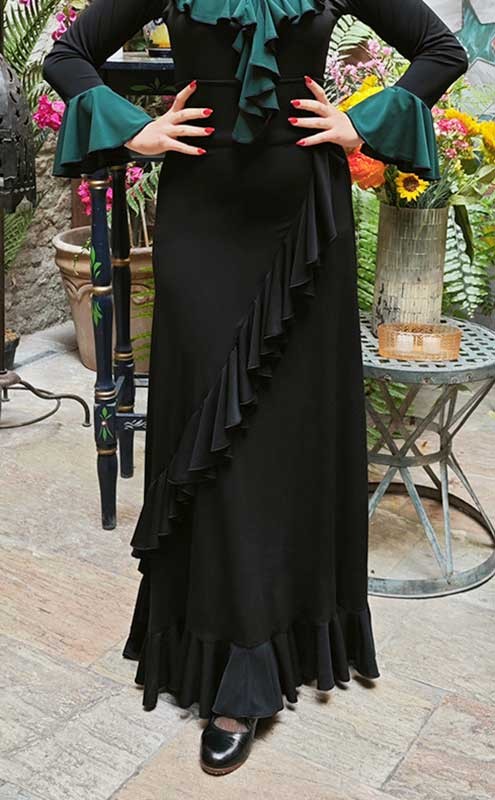 Black Flamenco Skirt with Diagonal Ruffle