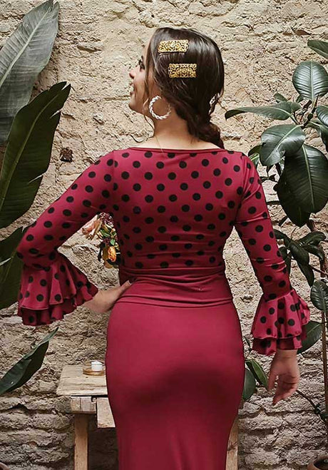 Maroon flamenco top with black polka dots