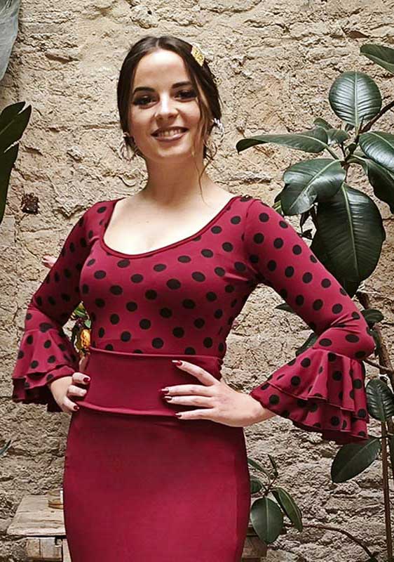 Maroon flamenco top with black polka dots