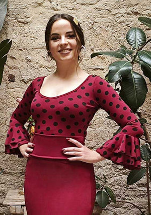 Maroon flamenco top with black polka dots