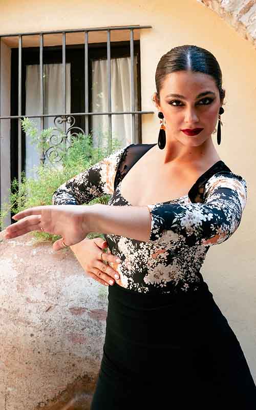 Body estampado de manga larga y espalda de encaje negro