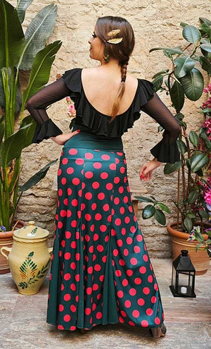 Bottle Green Flamenco Skirt with Red Polka Dots and Flare