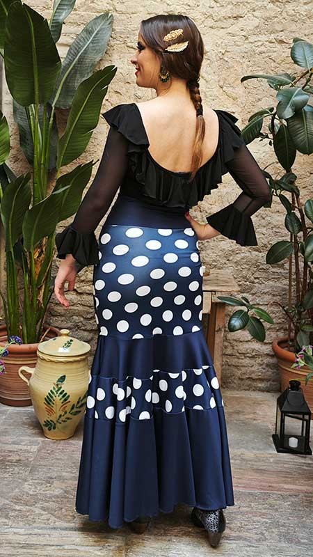 Navy Blue Flamenco Skirt with White Polka Dots