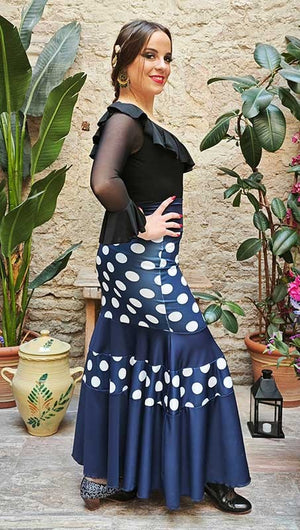 Navy Blue Flamenco Skirt with White Polka Dots