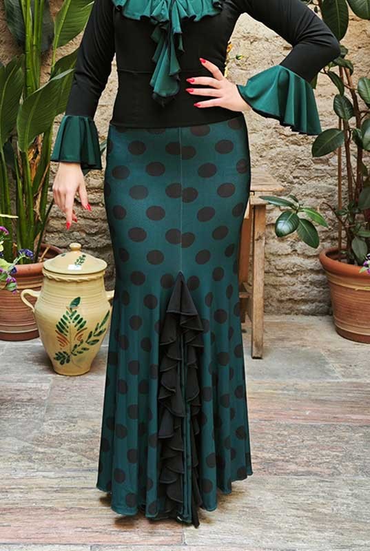 Bottle Green Flamenco Skirt with Medium Black Polka Dots