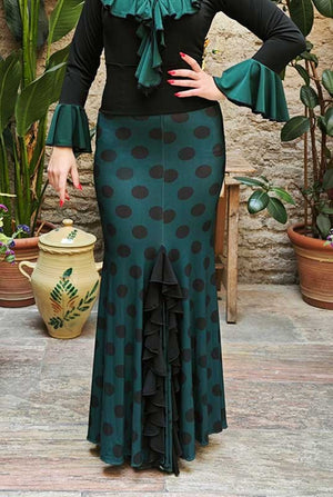 Bottle Green Flamenco Skirt with Medium Black Polka Dots