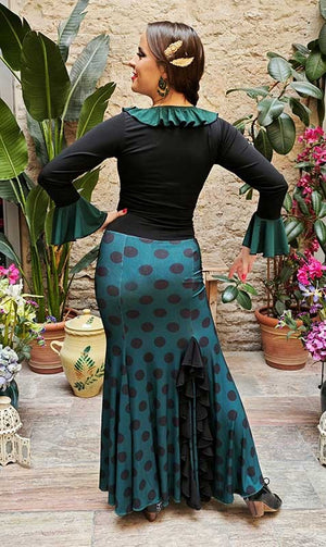 Bottle Green Flamenco Skirt with Medium Black Polka Dots