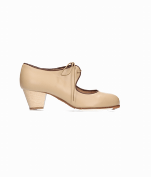 Zapato de baile flamenco profesional piel beige con cordones