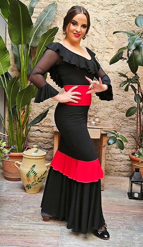 Black and Red Knee-Length Fitted Flamenco Skirt