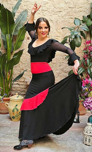 Black and Red Knee-Length Fitted Flamenco Skirt