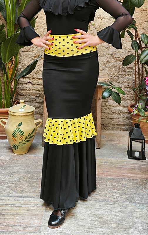 Black and Yellow Knee-Length Fitted Flamenco Skirt
