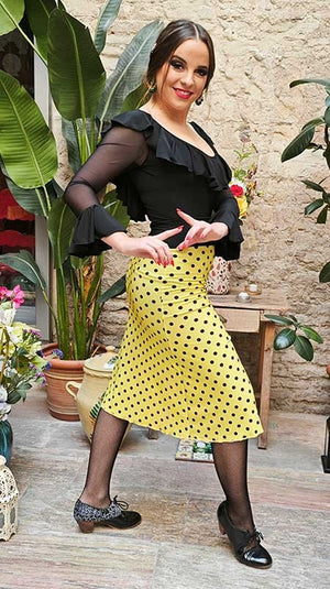 Short Flamenco Skirt in Yellow Silk Knit with Black Polka Dots