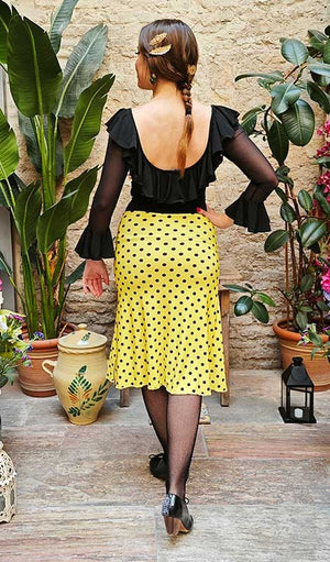 Short Flamenco Skirt in Yellow Silk Knit with Black Polka Dots