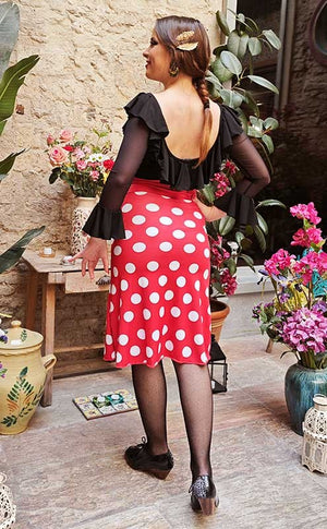 Short Flamenco Skirt in Red Silk Knit with White Polka Dots