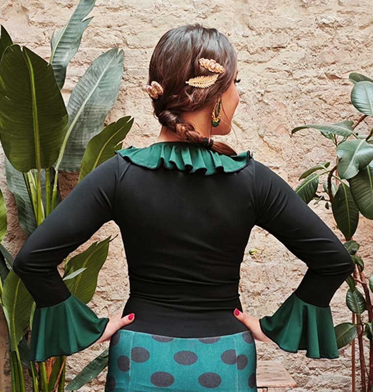Black Flamenco Top with Ruffle and Green Ruffles