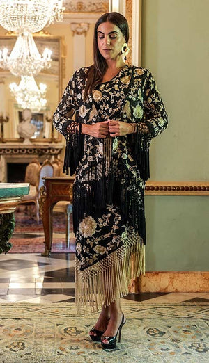 Tarantos Kaftan Jacket Black Embroidered with Fringes