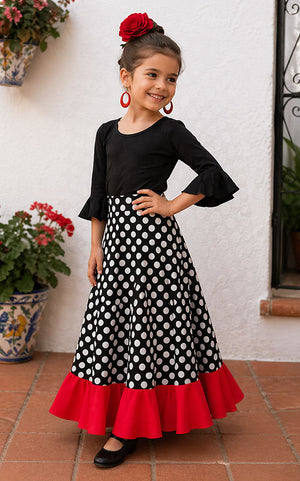 Jupe flamenco noire pour fille, à pois blancs et volant rouge