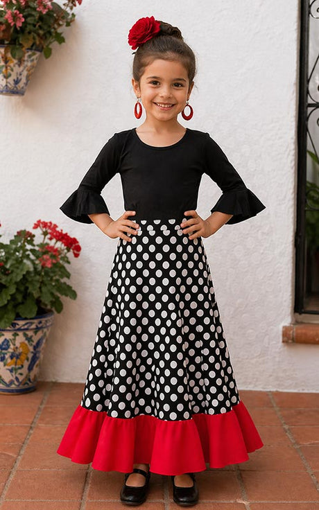 Black flamenco skirt for girls with white polka dots and a red ruffle