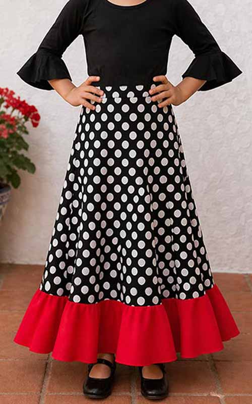 Jupe flamenco noire pour fille, à pois blancs et volant rouge