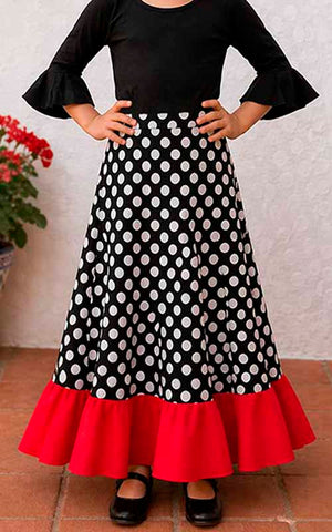 Jupe flamenco noire pour fille, à pois blancs et volant rouge