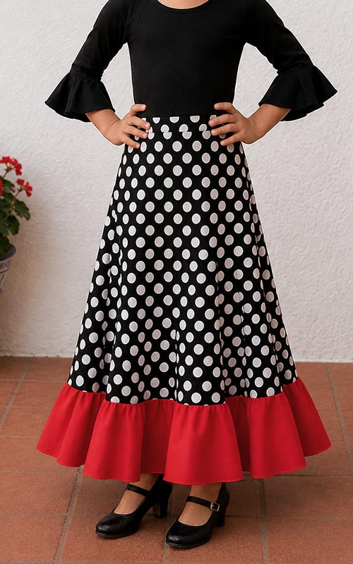 Black flamenco skirt for girls with white polka dots and a red ruffle
