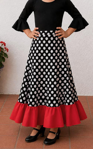 Black flamenco skirt for girls with white polka dots and a red ruffle