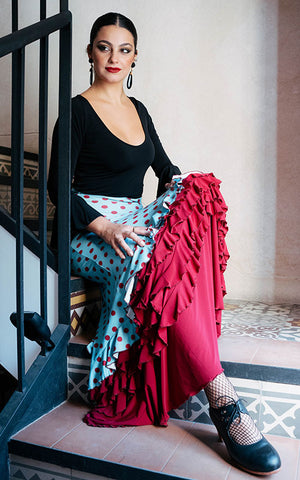 Light blue flamenco skirt with red polka dots and red ruffles at the hem