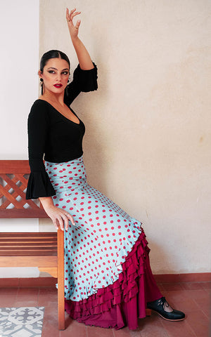 Light blue flamenco skirt with red polka dots and red ruffles at the hem