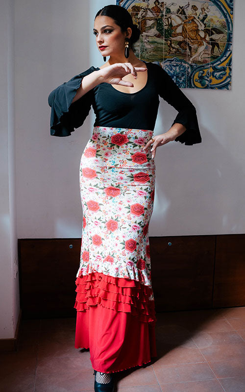 ecru flamenco skirt with floral print and red ruffles