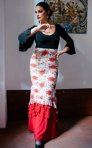 ecru flamenco skirt with floral print and red ruffles