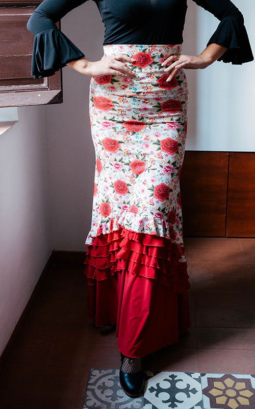 ecru flamenco skirt with floral print and red ruffles