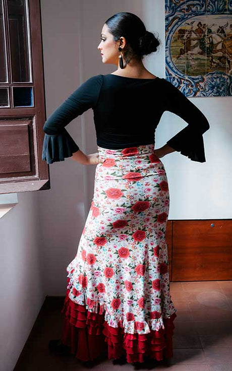 ecru flamenco skirt with floral print and red ruffles