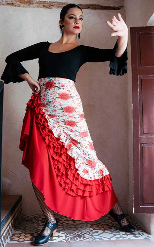ecru flamenco skirt with floral print and red ruffles