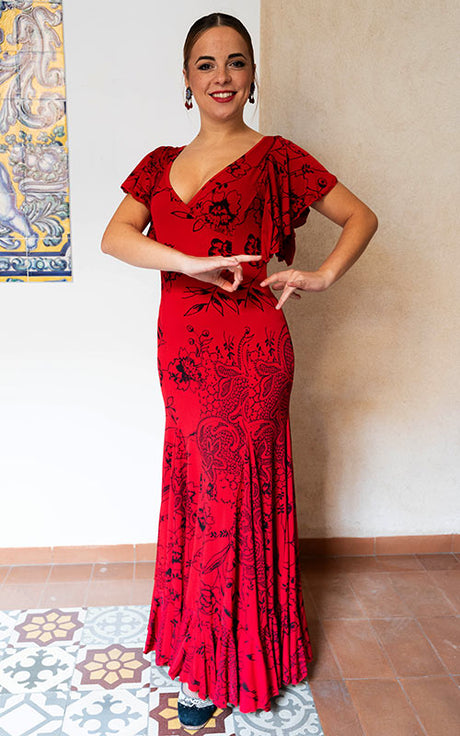 Vestido flamenco Olas rojo con estampado negro