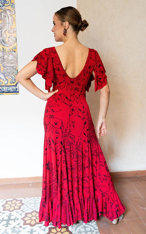 Vestido flamenco Olas rojo con estampado negro