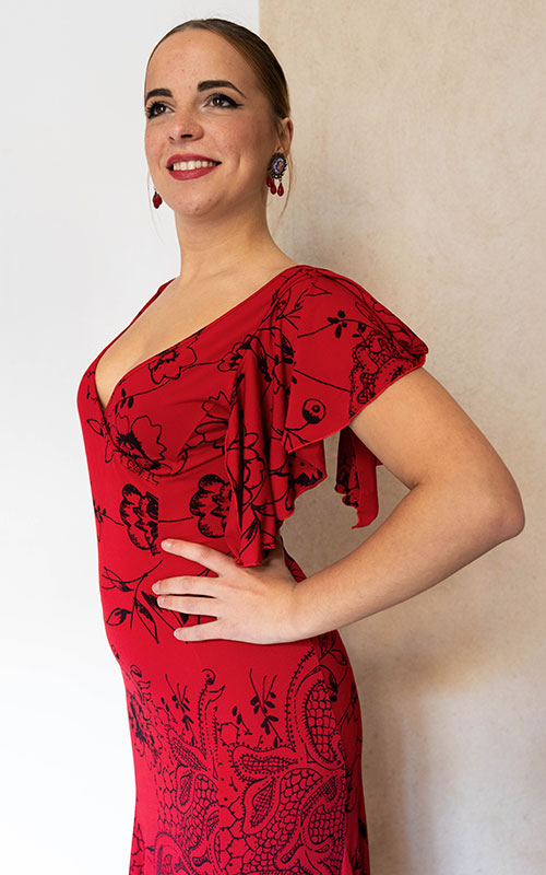 Vestido flamenco Olas rojo con estampado negro