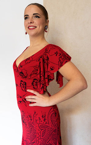 Vestido flamenco Olas rojo con estampado negro