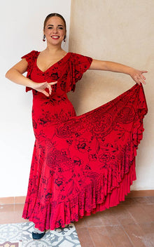 Vestido flamenco Olas rojo con estampado negro