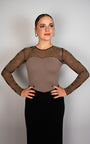 Brown Microfiber Lustre Long-Sleeve Leotard with Brown Flocked Tulle Print
