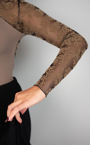 Brown Microfiber Lustre Long-Sleeve Leotard with Brown Flocked Tulle Print