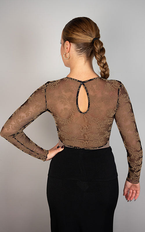 Brown Microfiber Lustre Long-Sleeve Leotard with Brown Flocked Tulle Print
