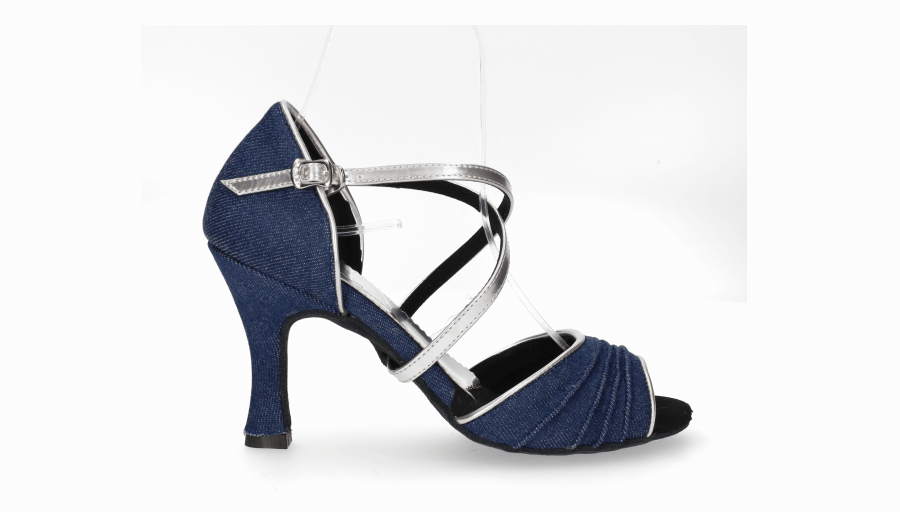 Chaussure de danse de salon en denim bleu avec brides croisées argentées